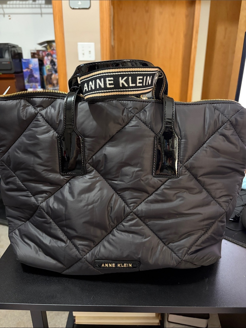 Anne Klein Black Quilted Tote with Logo Strap